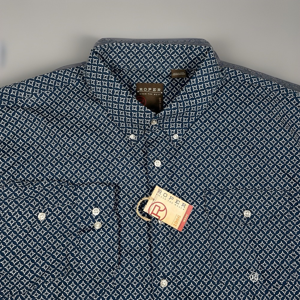 NWT-Roper‎ Western Long Sleeve Shirt Men 3XL Navy Geometric Diamond Pattern